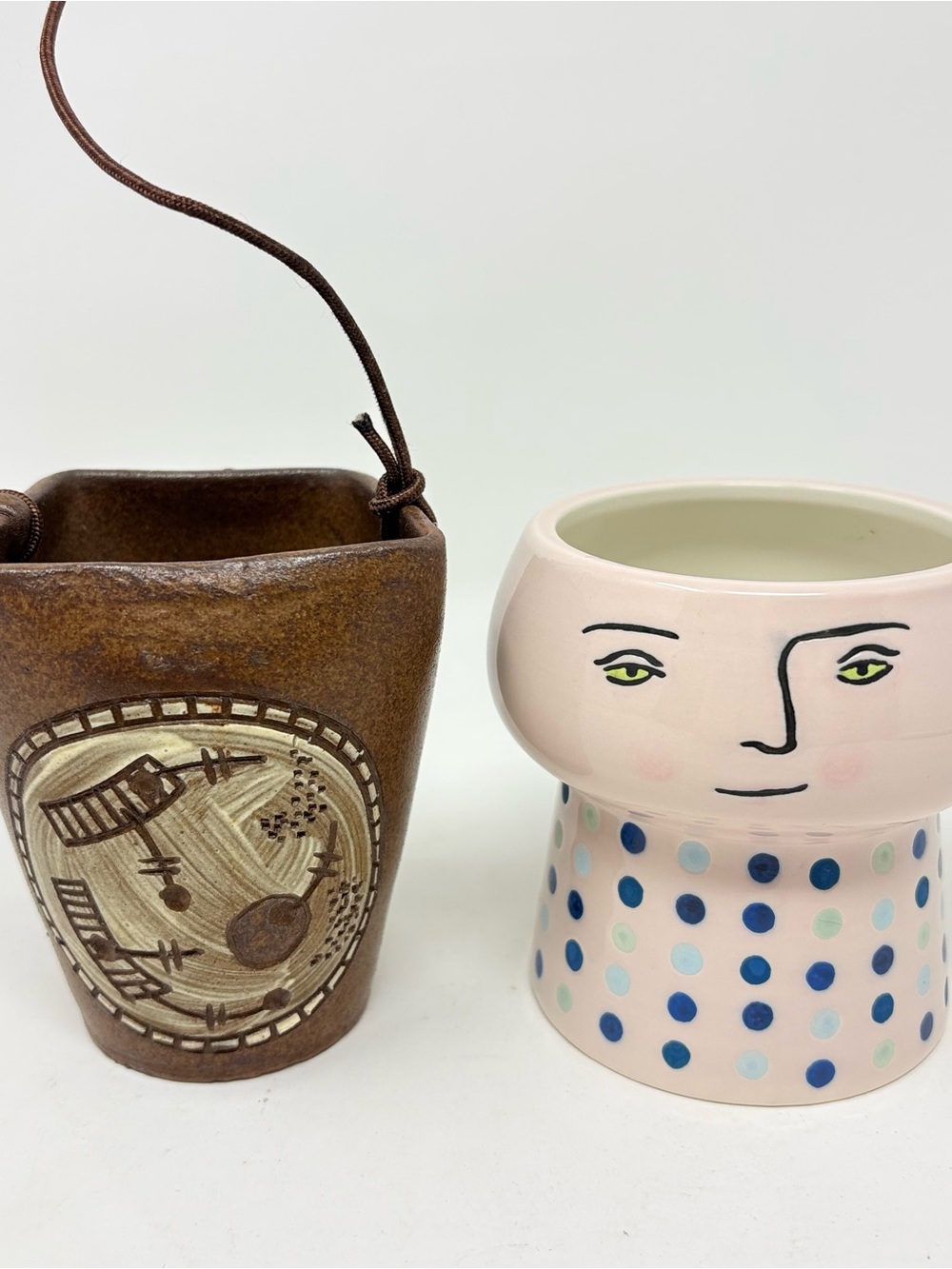 Ceramic Face Planter in Pale Pink with Blue Dot Base